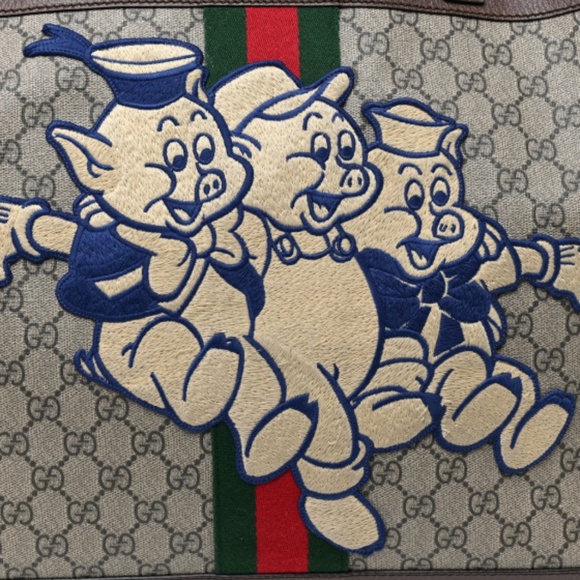 GUCCI X DISNEY GG Supreme Monogram Web Three Little Pigs Large Ophidia Tote Be - Picture 12 of 13